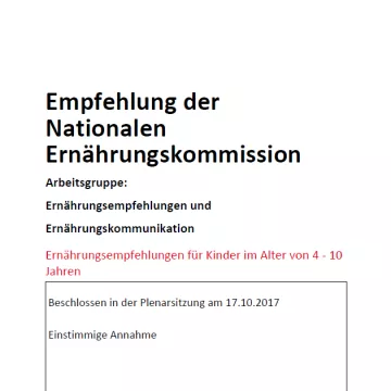 Titelseite Empfehlungen der Nationalen Ernährungskommision für Kinder von 4-10 Jahren