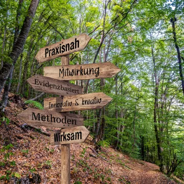 © Bildercollage Evotion GmbH (Сергей Лаврищев und MicroTee / stock.adobe.com) Wegweiser im Wald