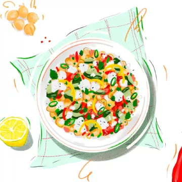 Info-Rezeptbroschüre © FGÖ,GÖG gezeichneter Teller mit buntem Hülsenfrüchtensalat