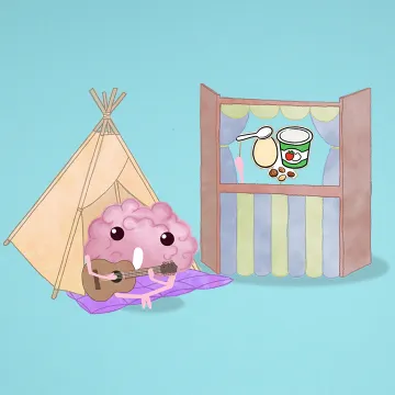 Vorschaubild Frühstück © FGÖ,GÖG Brainy sitzt vor einem Zelt, spielt Gitarre und singt