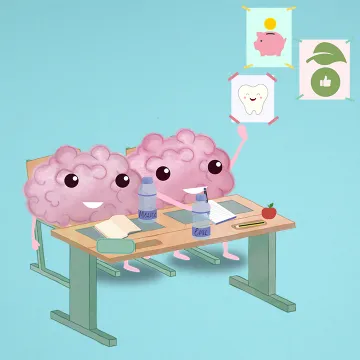 Vorschaubild Wasserschule © FGÖ/GÖG Zwei Brainies sitzen an einem Schultisch mit Wasserflaschen vor ihnen